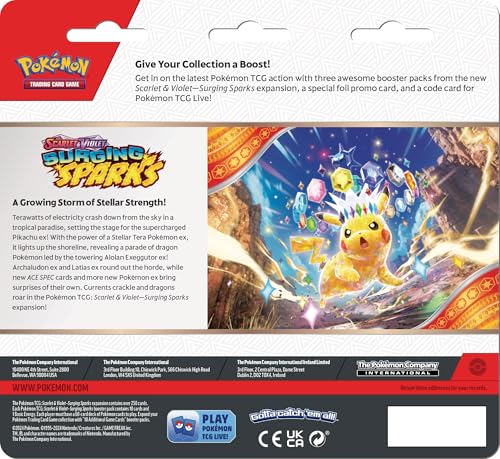 Pokémon Scarlet & Violet Surging Sparks booster art showcases three packs for exciting openings.