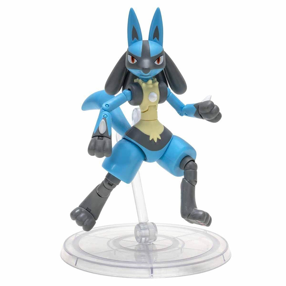 Pokemon Lucario Select figure in dynamic pose highlights articulation for display.