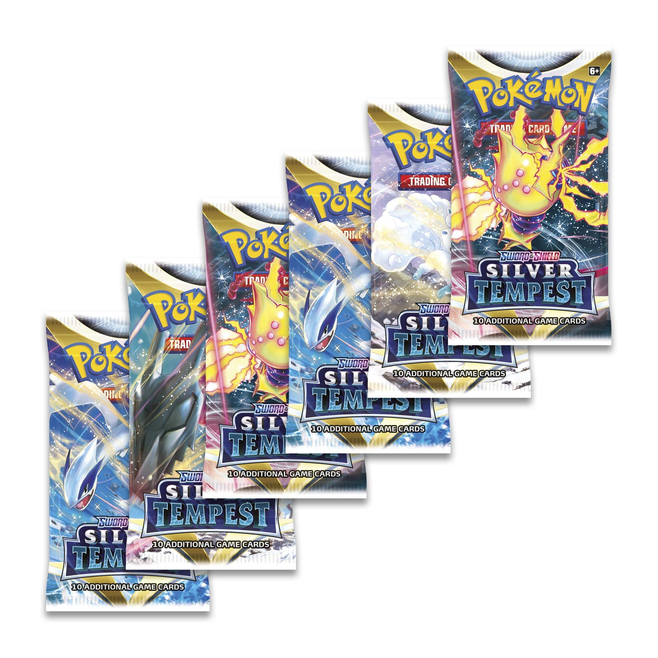 Pokémon Silver Tempest booster bundle image emphasizes convenient six-pack collection.