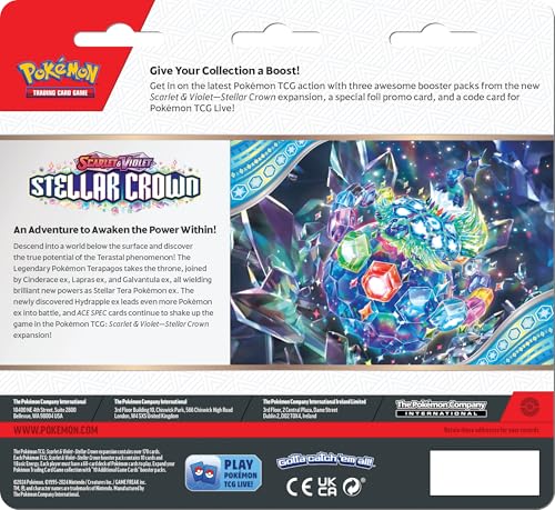 Three booster packs from Scarlet and Violet Stellar Crown to expand your deck