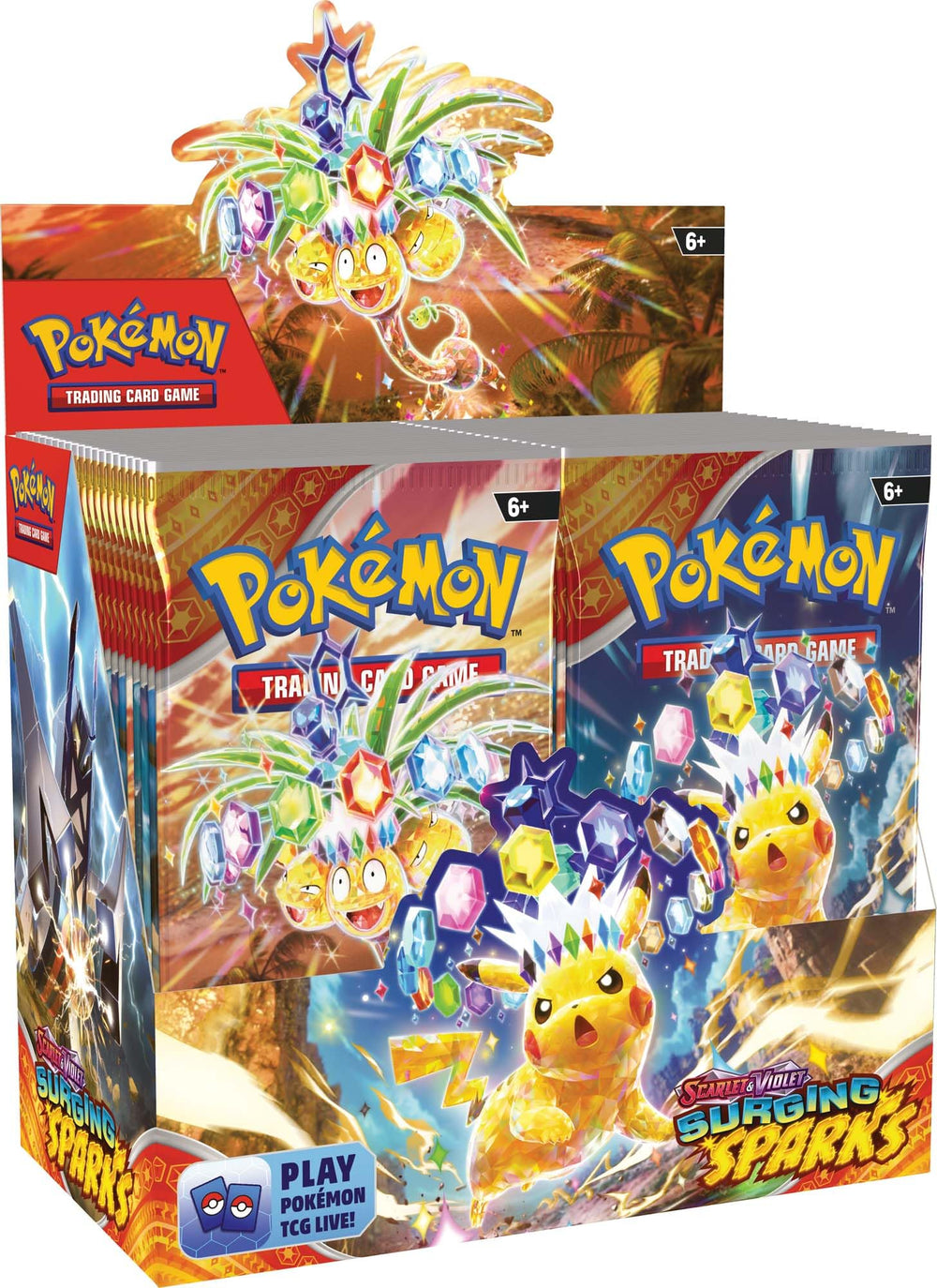 Pokémon Surging Sparks booster display box top view enhances shelf appeal for collectors