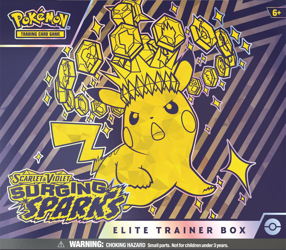 Pokémon Surging Sparks Elite Trainer Box boosters for exciting drafting sessions.