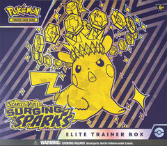Pokémon Surging Sparks Elite Trainer Box boosters for exciting drafting sessions.