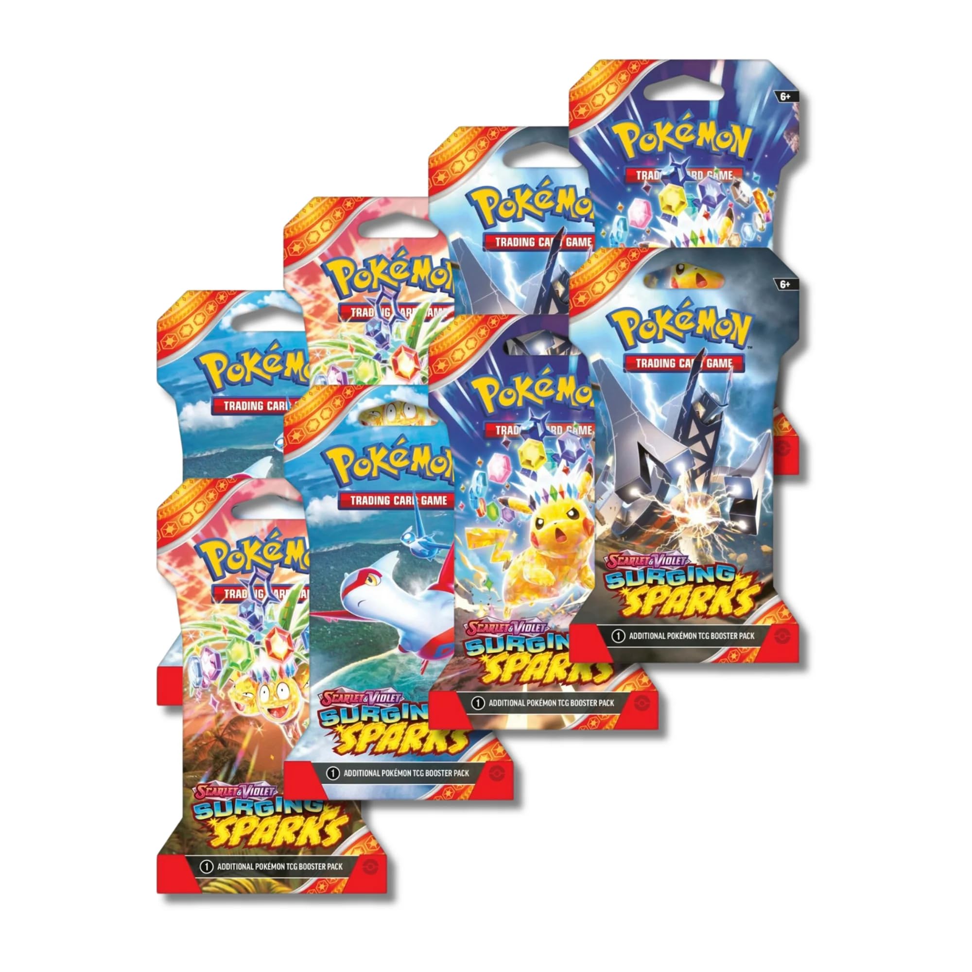 Pokemon Surging Sparks sleeved eight booster packs protect cards during storage and handling.