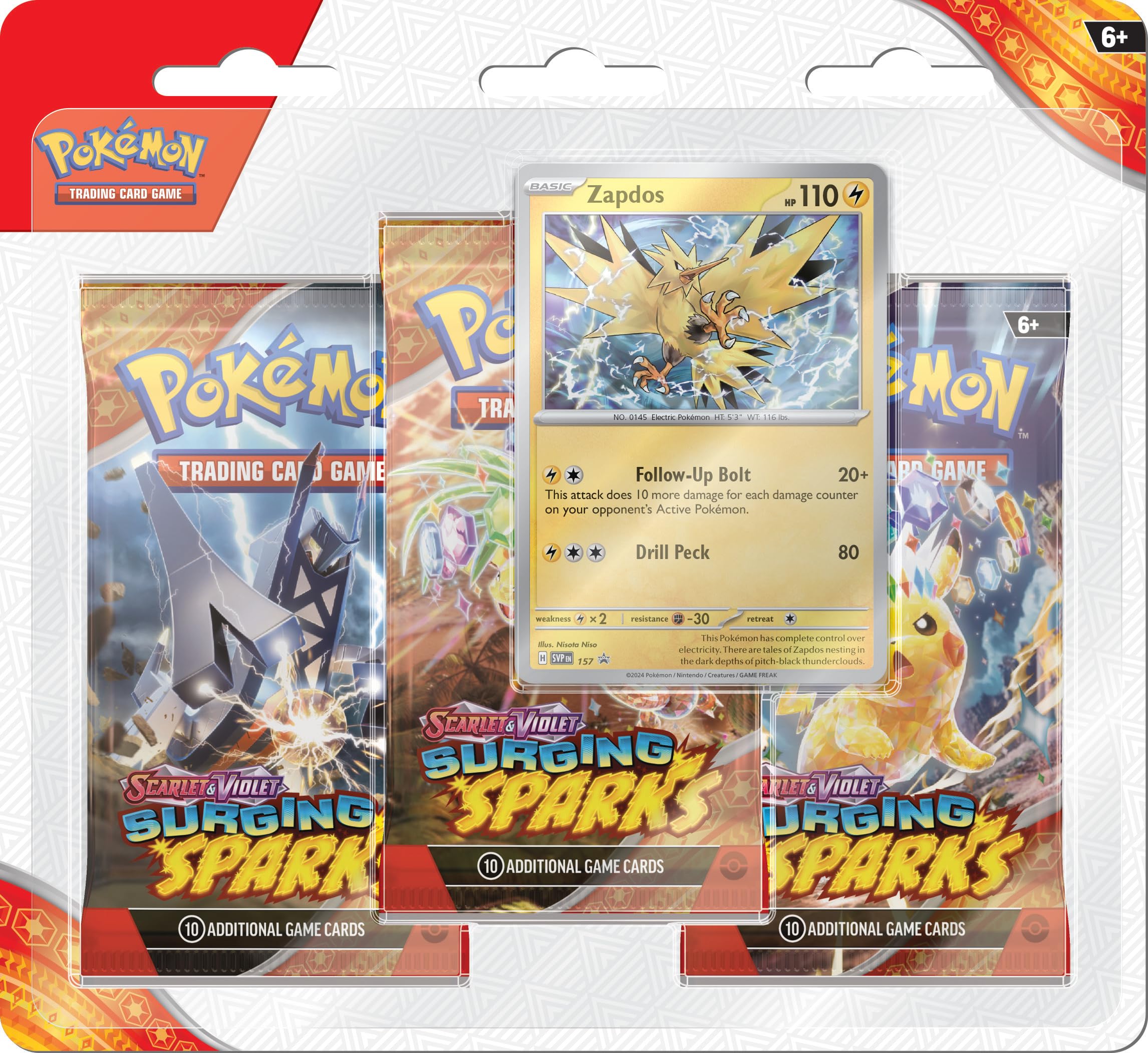 Pokémon Surging Sparks three-booster blister front view for collectors.