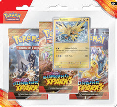 Pokémon Surging Sparks three-booster blister front view for collectors.