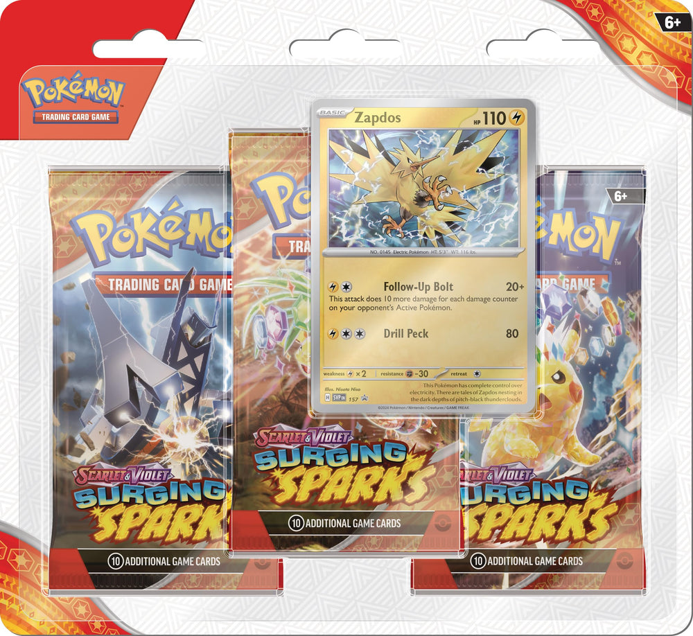 Pokémon Surging Sparks Zapdos promo card shines in collector-friendly packaging.