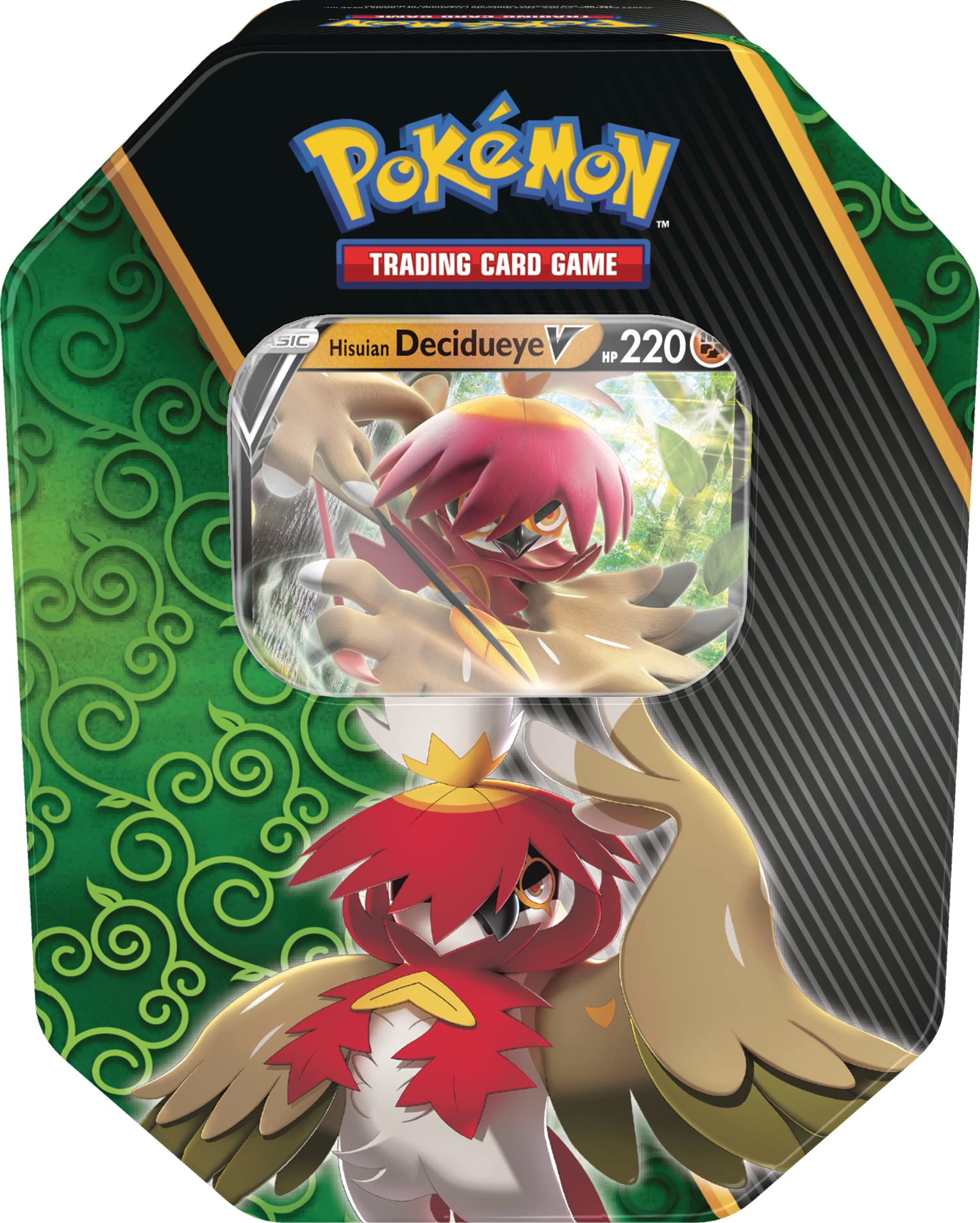 Pokémon TCG Divergent Powers Tin with Hisuian Decidueye V foil card for collectors and players.