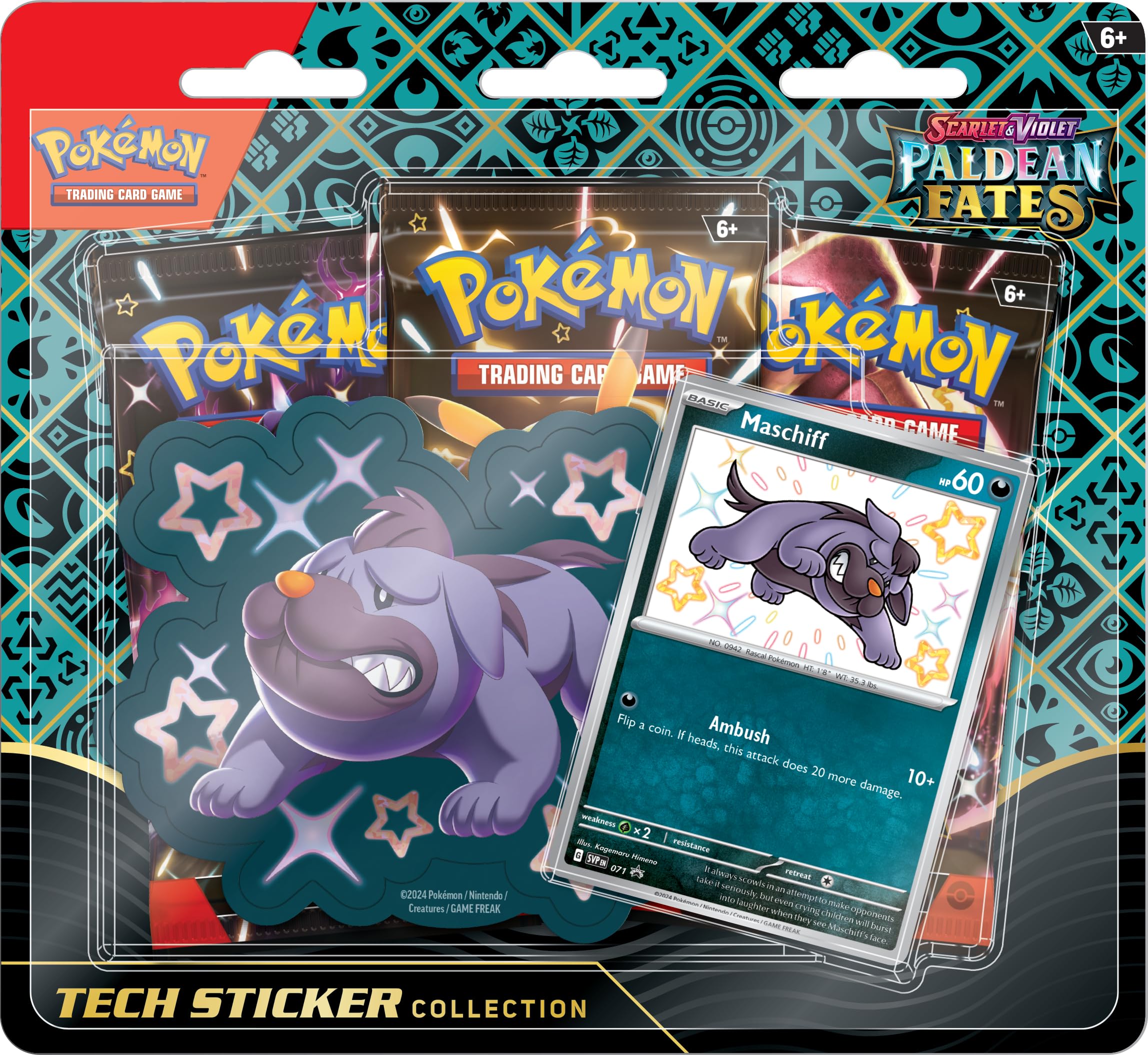 Pokémon Paldean Fates tech sticker with Shiny Maschiff for device personalization.