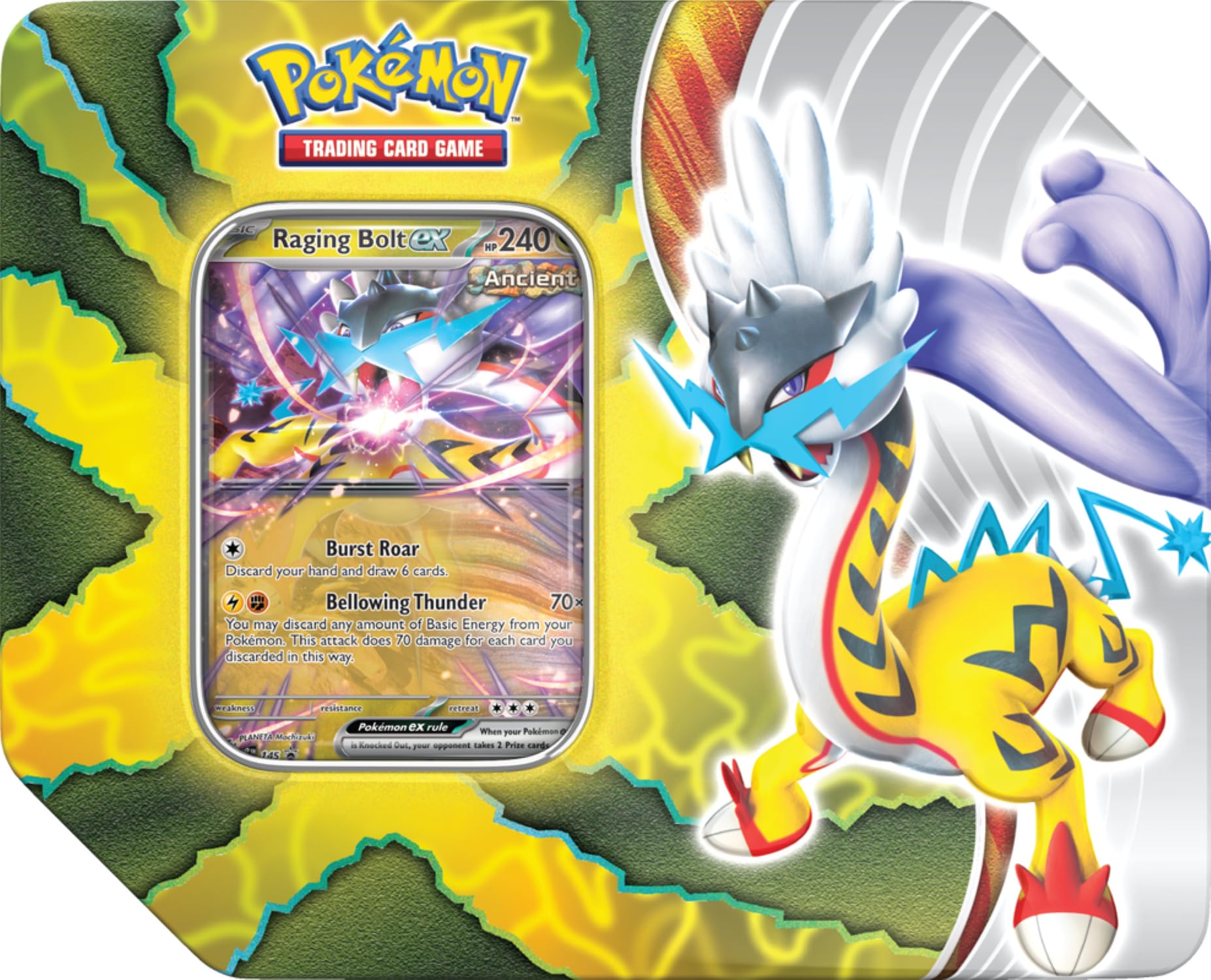 Pokemon TCG Paradox Destinies Tin box front with Raging Bolt EX, ideal for collectors.