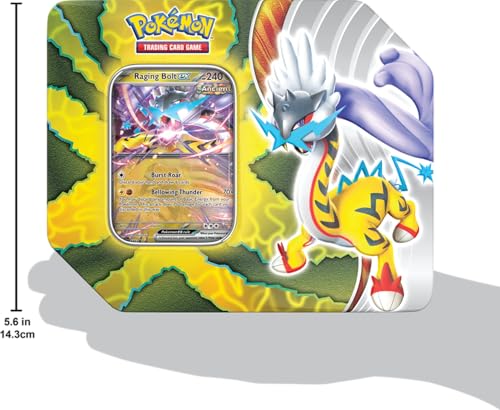 Pokemon TCG Paradox Destinies Tin Raging Bolt EX interior image highlights components for easy storage.