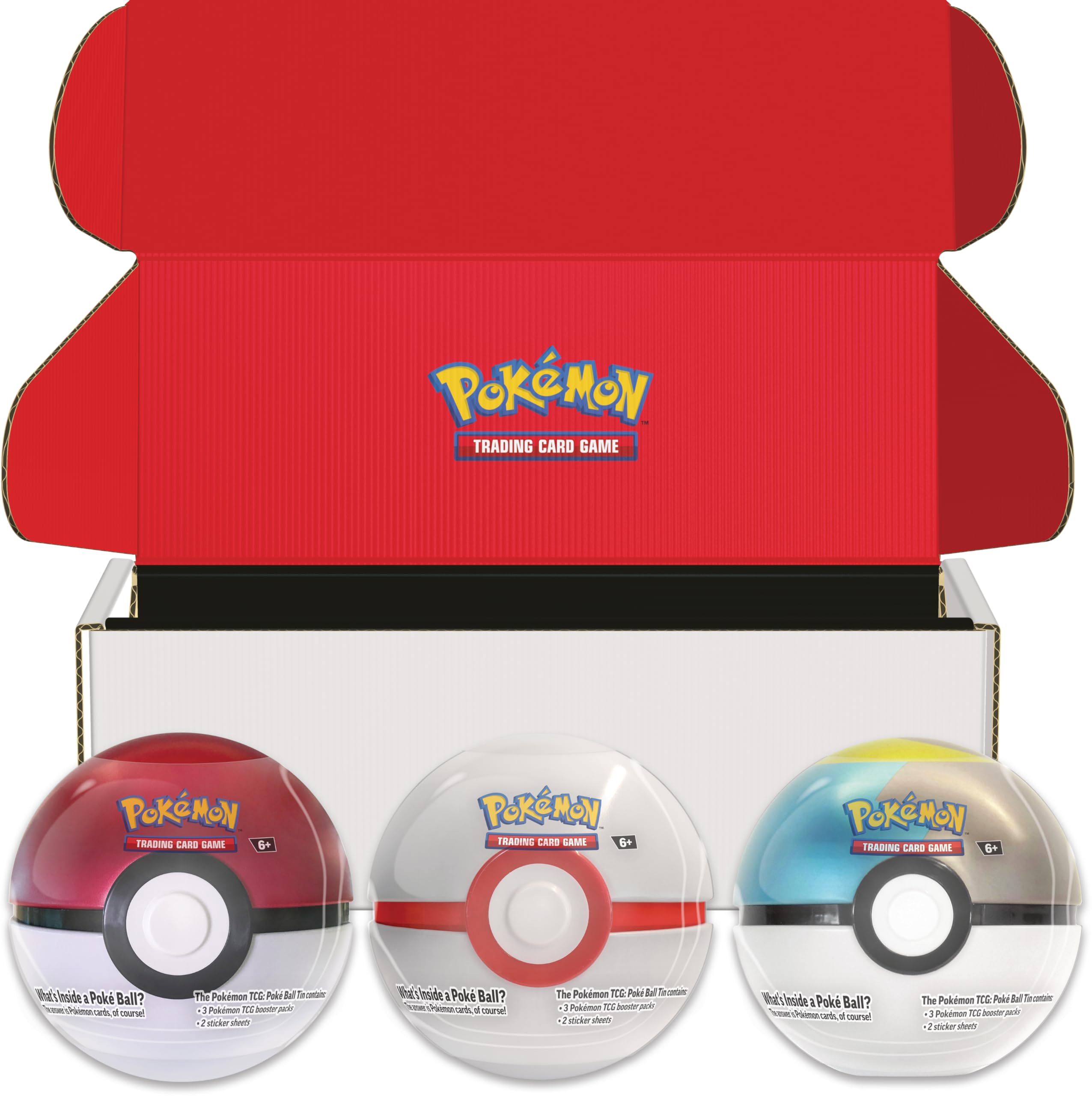 Pokémon TCG Poké Ball Tin 3-Pack display with boosters and stickers