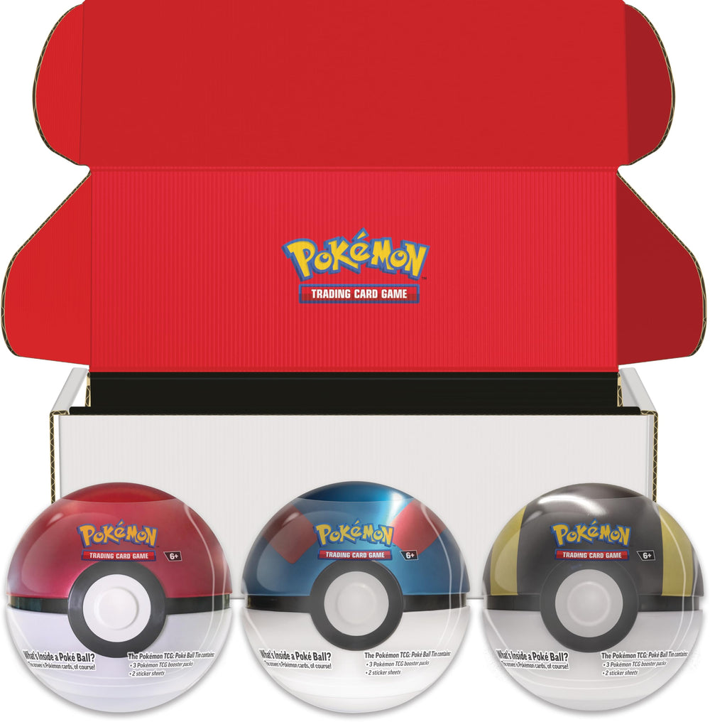 Pokémon TCG Poké Ball Tin 3-Pack 2024 visual: three collectible tins for organized booster packs
