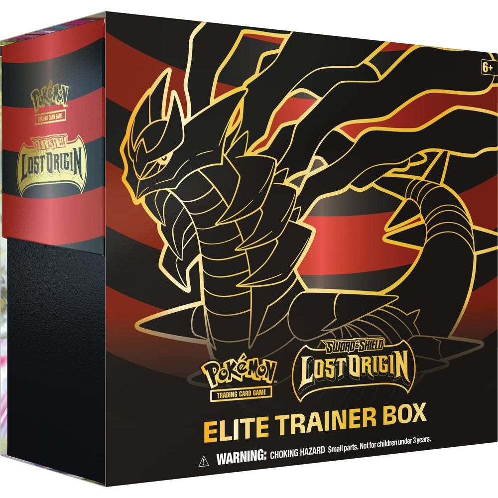 Pokemon TCG SAS11 Lost Origin box interior showing energy cards and dice for ready-to-play setup.