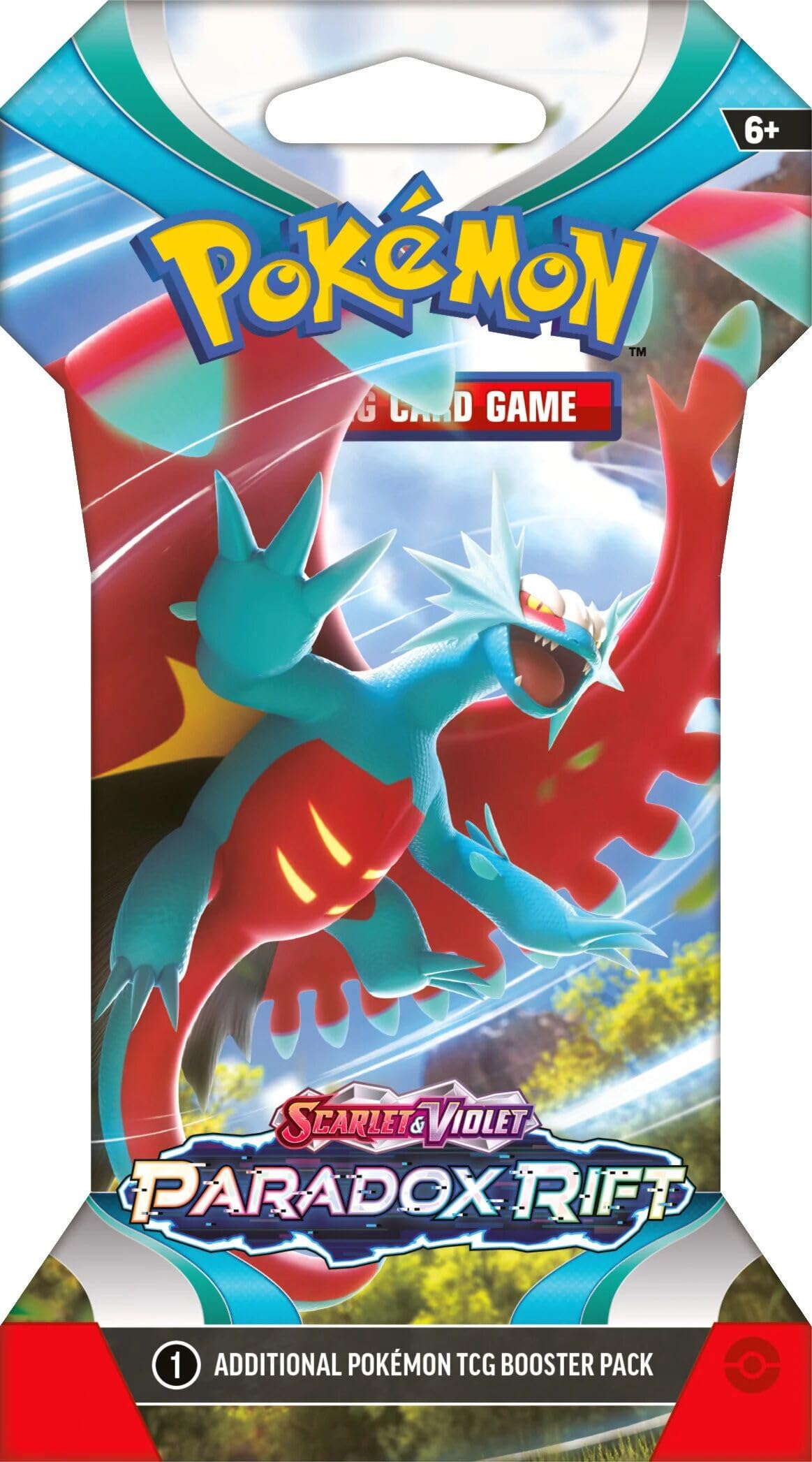 Pokémon TCG Scarlet & Violet Paradox Rift sleeved booster back view, showcasing protective sleeve use.