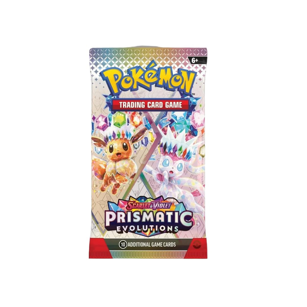 Pokemon TCG Scarlet and Violet Prismatic Evolutions booster pack with random art, ideal for collectors.
