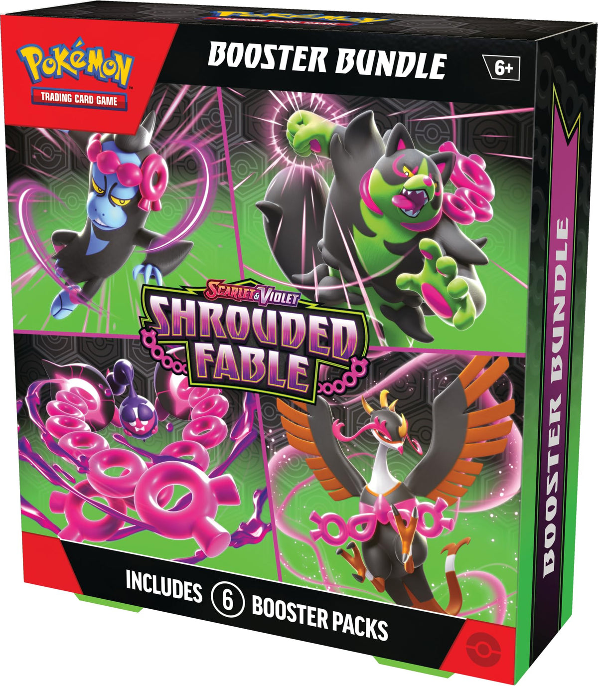 Pokemon TCG Shrouded Fable booster pack image highlighting six packs for collector thrills