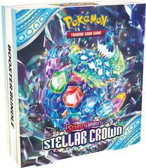 Pokémon TCG Scarlet and Violet Stellar Crown booster bundle pack shown with six packs ready for battles.