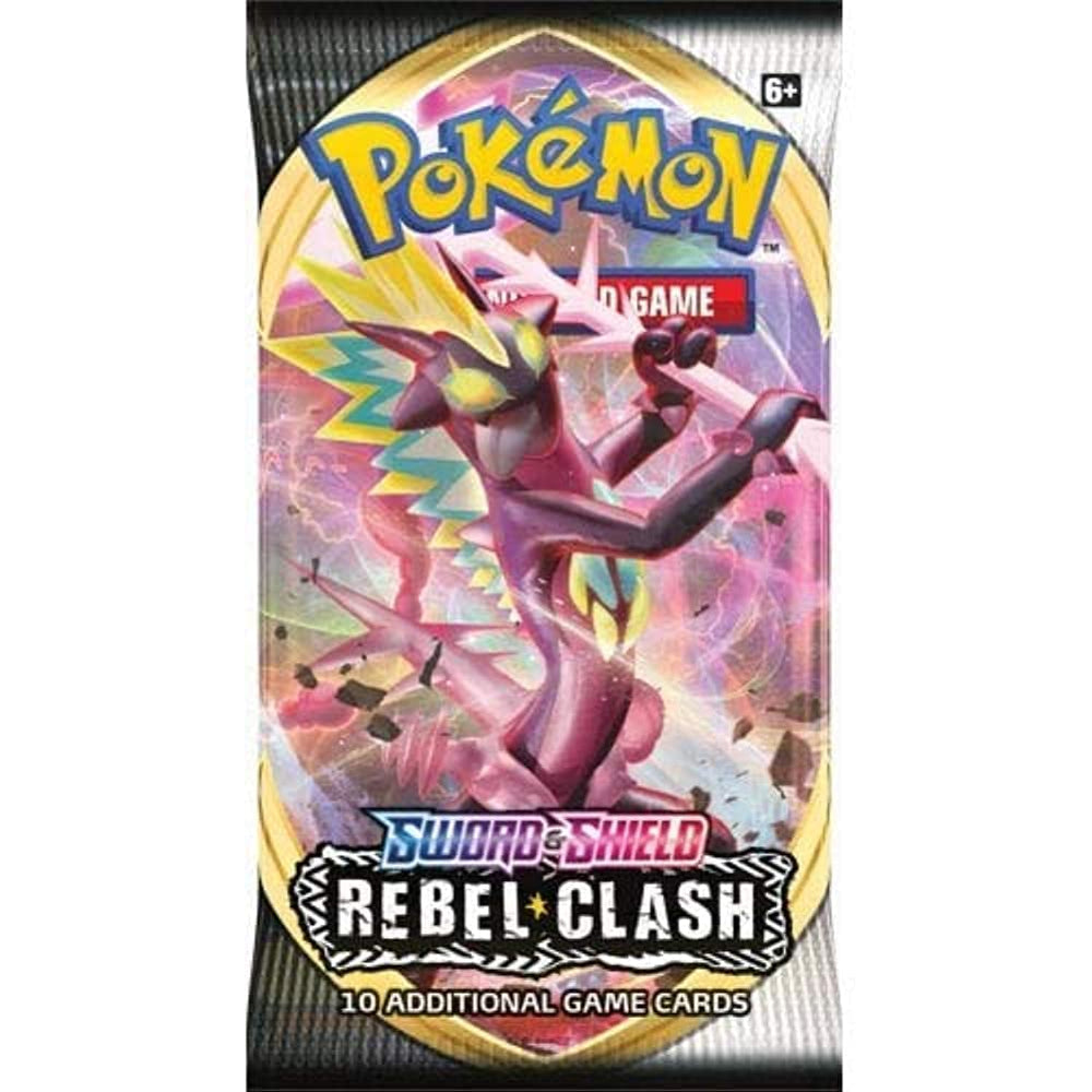 Pokemon TCG Rebel Clash booster pack front showcases bold artwork for collectors.