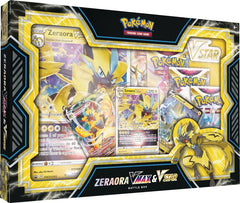 Pokemon Zeraora VMAX VSTAR Battle Box VSTAR marker displayed with etched promo cards