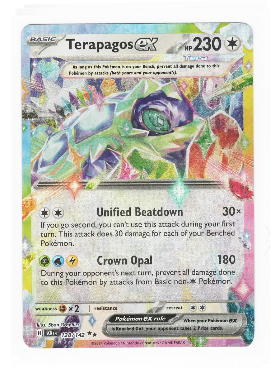 Pokémon Terapagos ex 128/142 card front highlights Stellar Crown rarity and collectibility