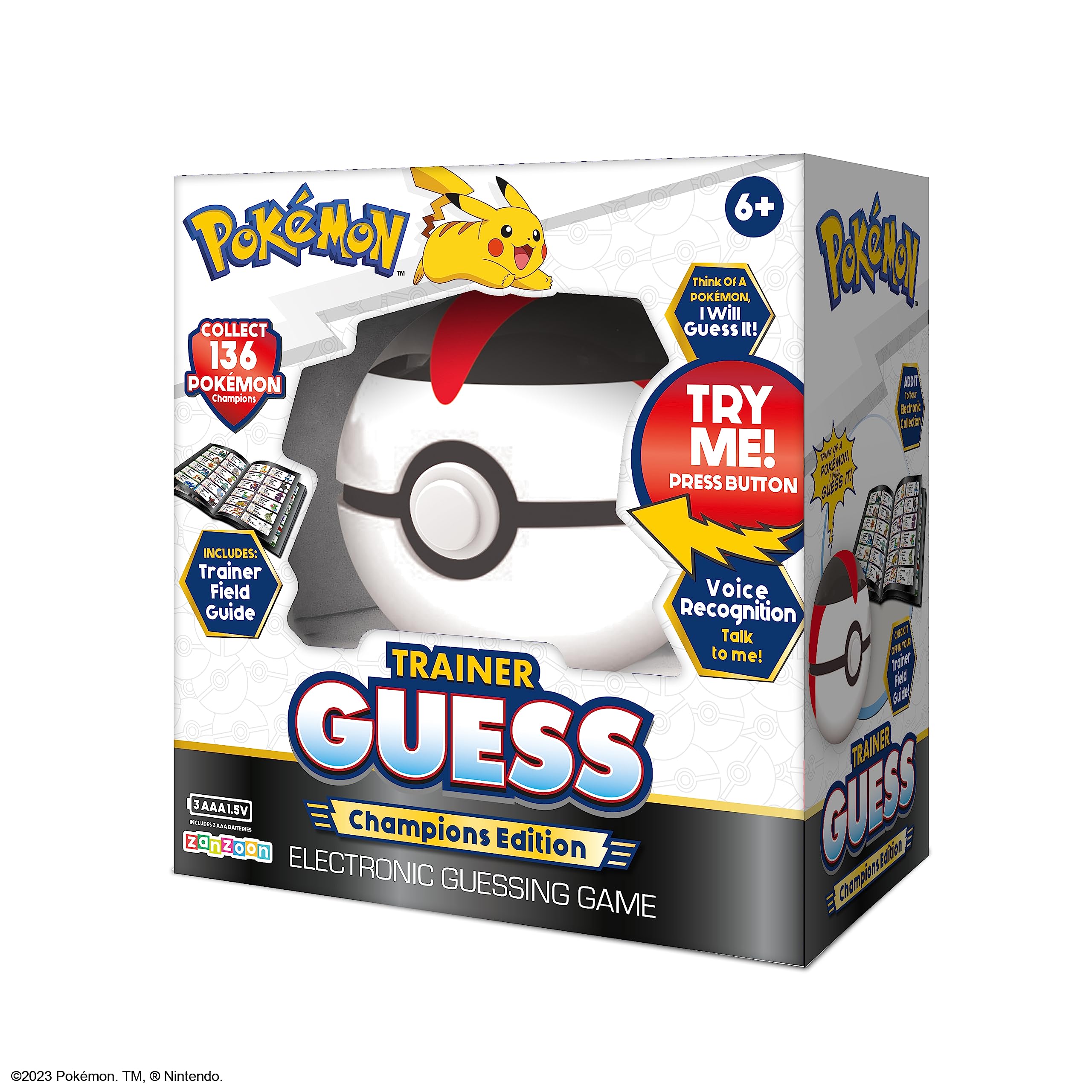 Pokémon Trainer Guess Champions Edition ball-action with voice play for hands-free guessing.