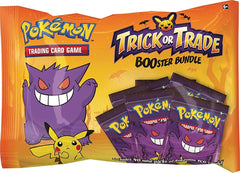 Pokémon Trick or Trade booster bundle front view, vibrant mini packs for Halloween fun