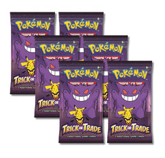Pokémon Trick or Trade display featuring Gengar and Pikachu six mini booster packs