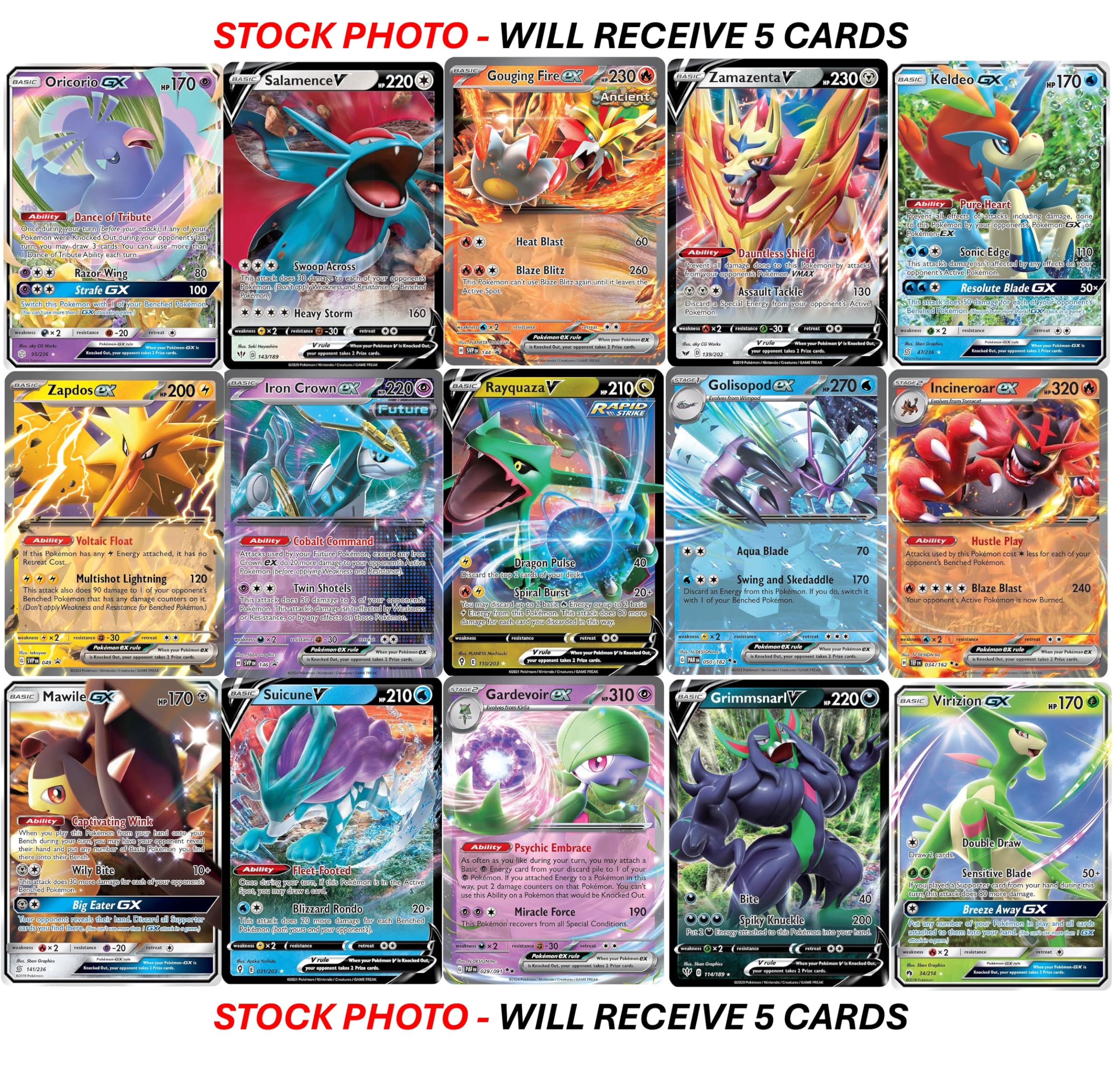 Pokémon V GX EX cards variety shown in dynamic display.