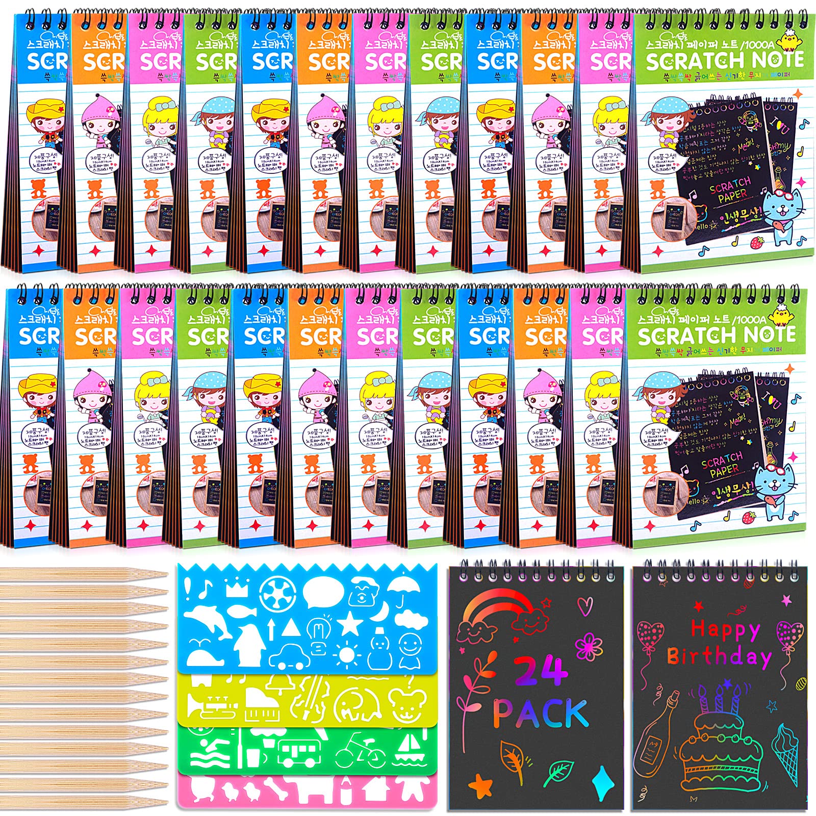 Pokonboy rainbow scratch paper notebook with wooden stylus for kids' colorful art.