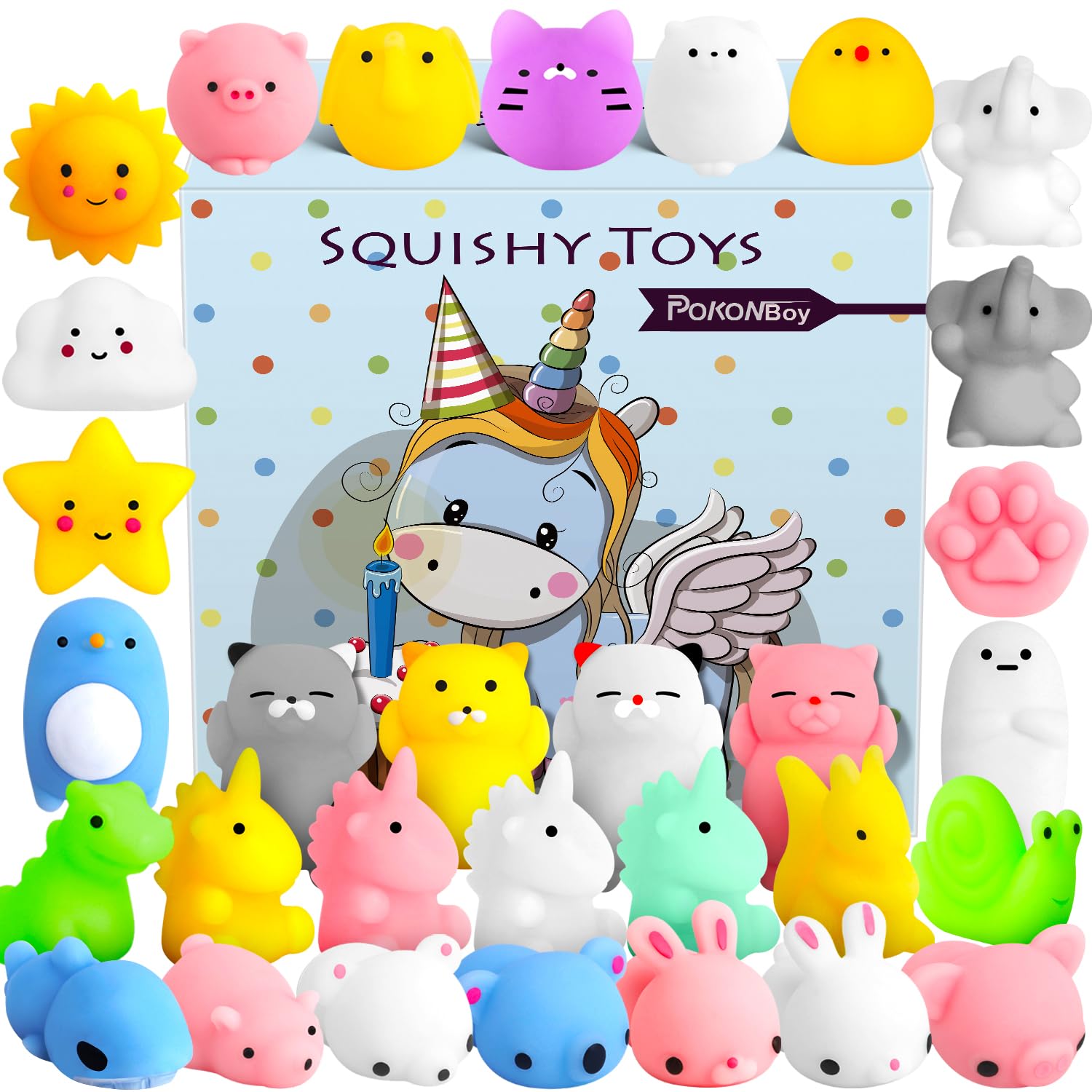 POKONBOY squishies 30-pcs assortment for tactile play and stress relief for kids.