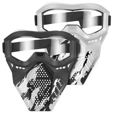 POKONBOY tactical mask in white with goggles for safe Nerf play.