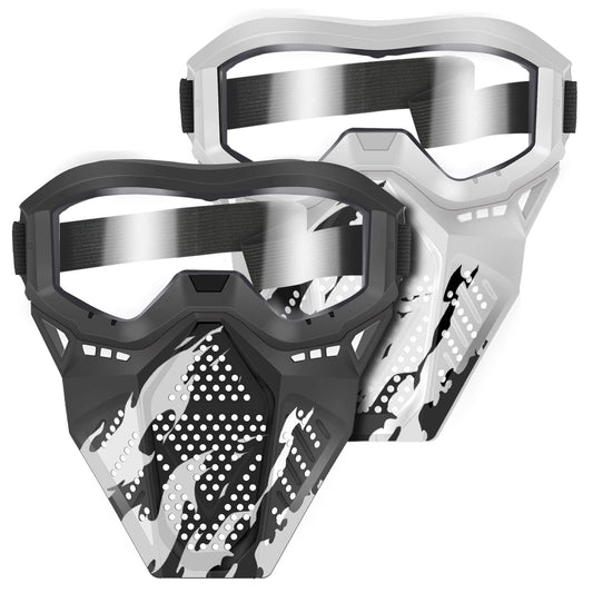 POKONBOY tactical mask in white with goggles for safe Nerf play.