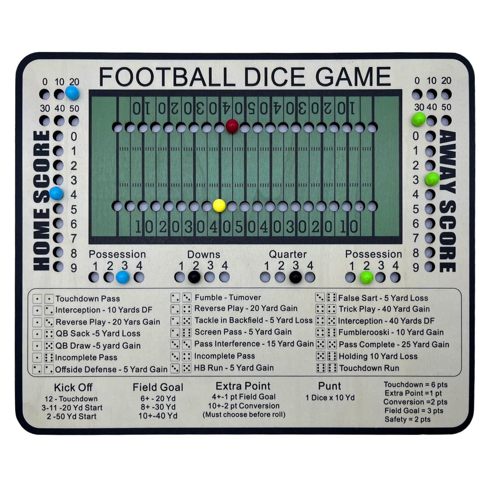 Poliveyy Football Dice Game board with field layout and scoring track for tabletop play