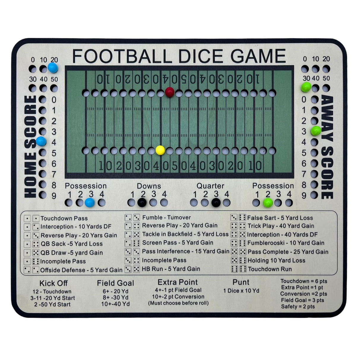 Poliveyy Football Dice Game board with field layout and scoring track for tabletop play