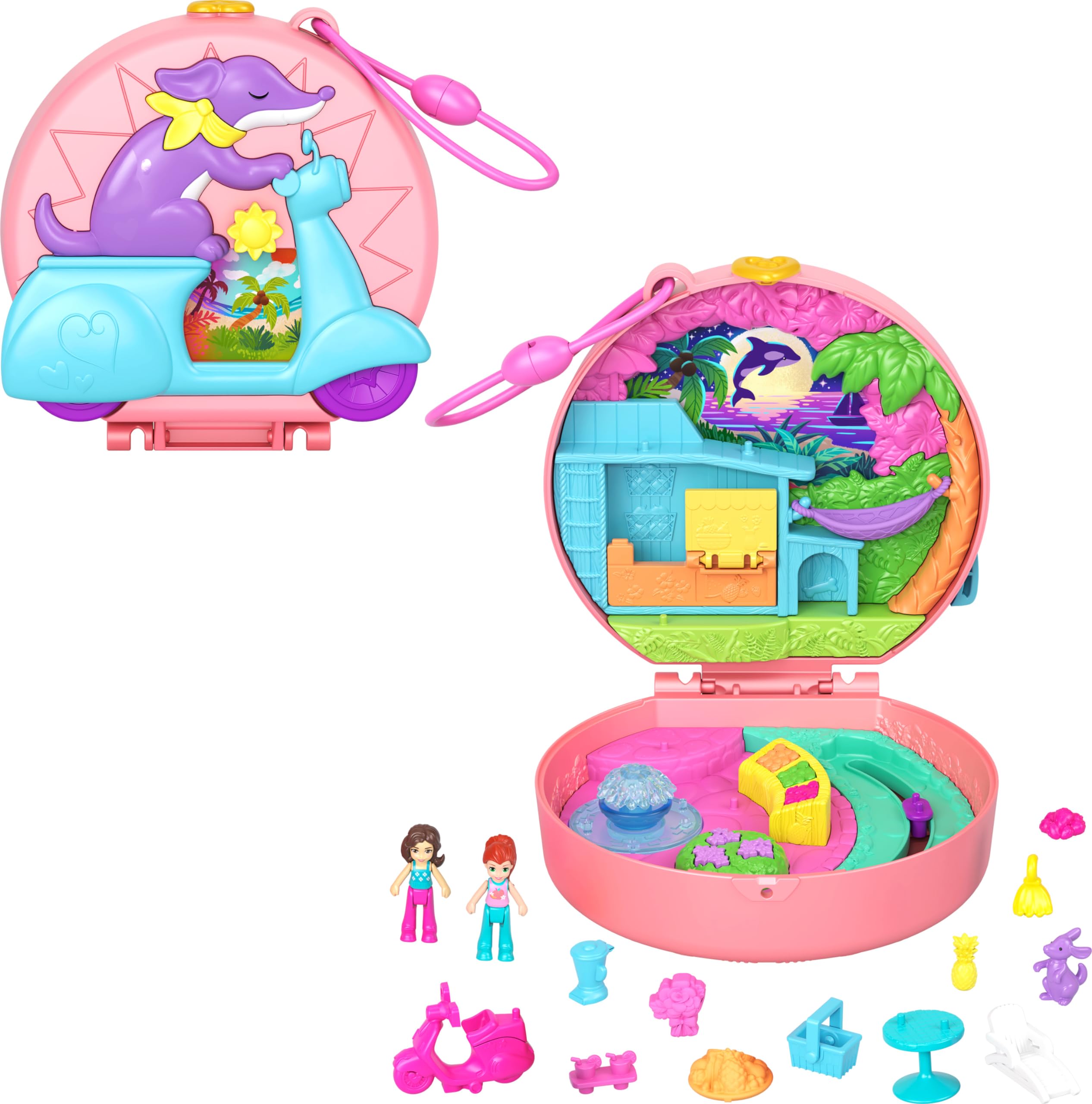 Polly Pocket Adventure Moped Compact exterior ride with colorful puppy, inviting imaginative play.
