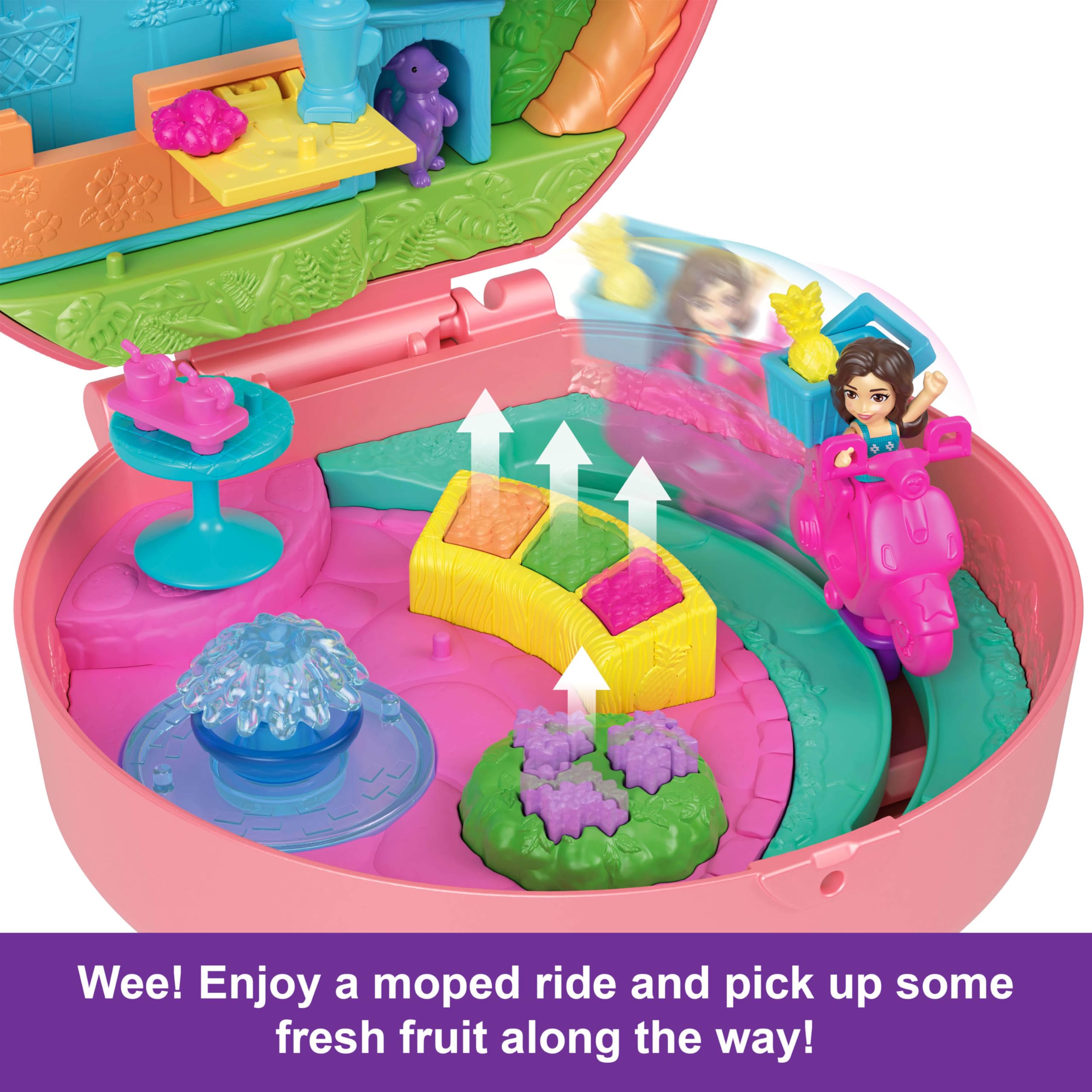 Polly Pocket Adventure Moped Compact snack bar and hammock invite social play scenes.