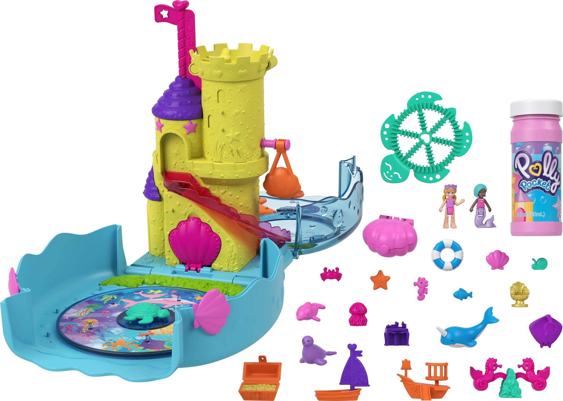 Polly Pocket Bubble Aquarium castle bubble feature activates bubbles for imaginative undersea play