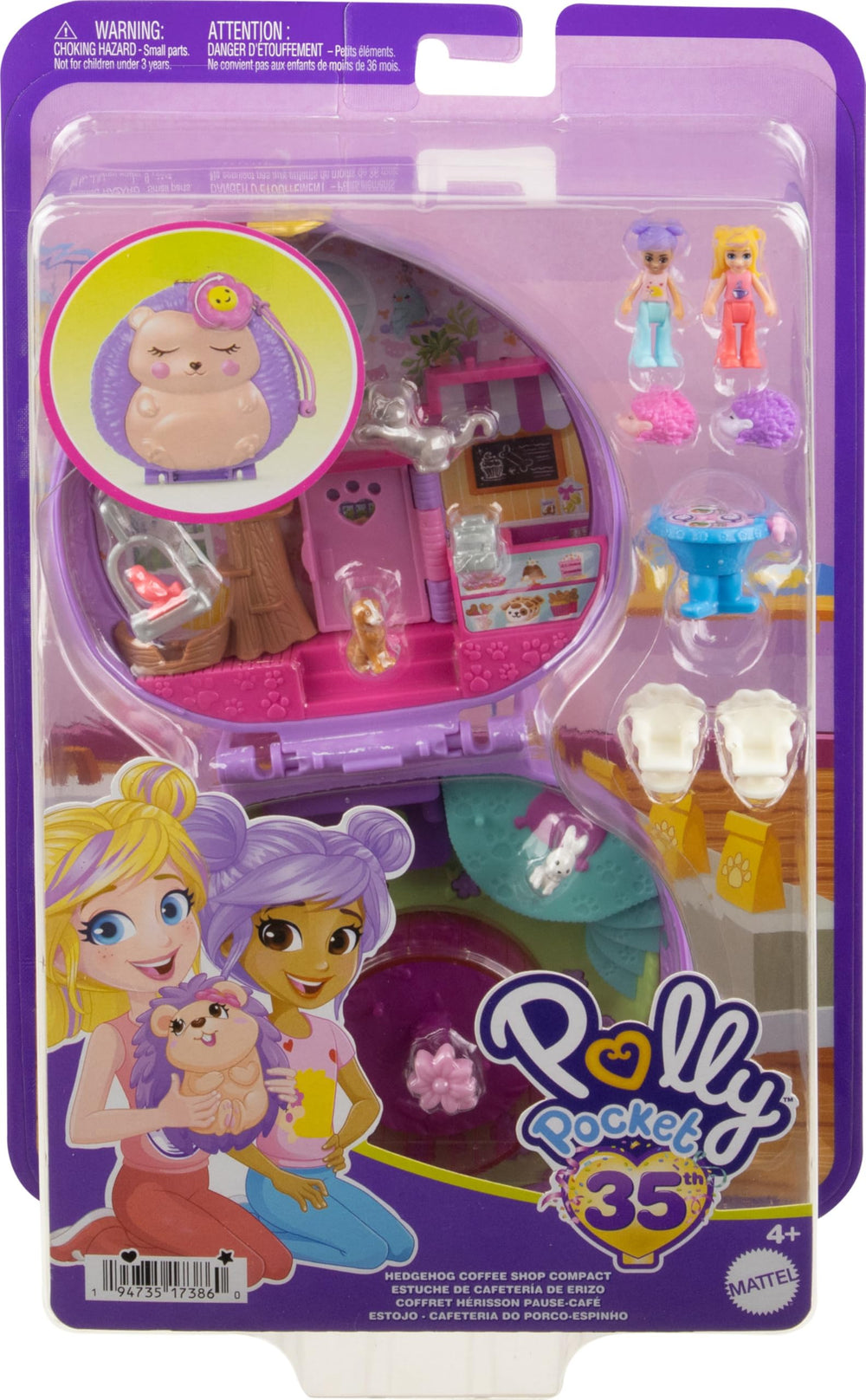 Polly Pocket flip-table reveals snacks for cafe and picnic play.