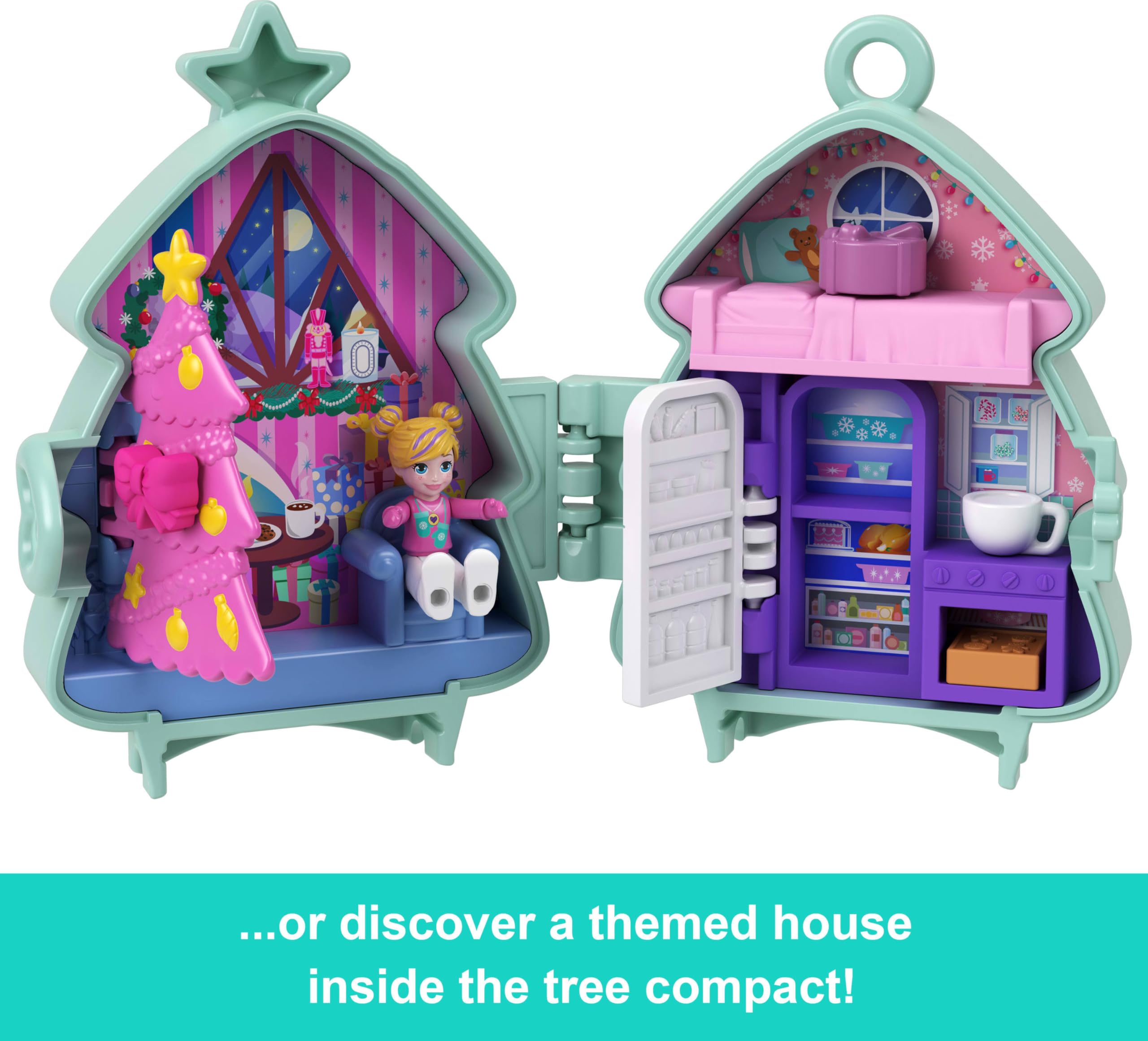 Polly Pocket Holiday Connects inside tree playhouse, cozy living spaces revealed.