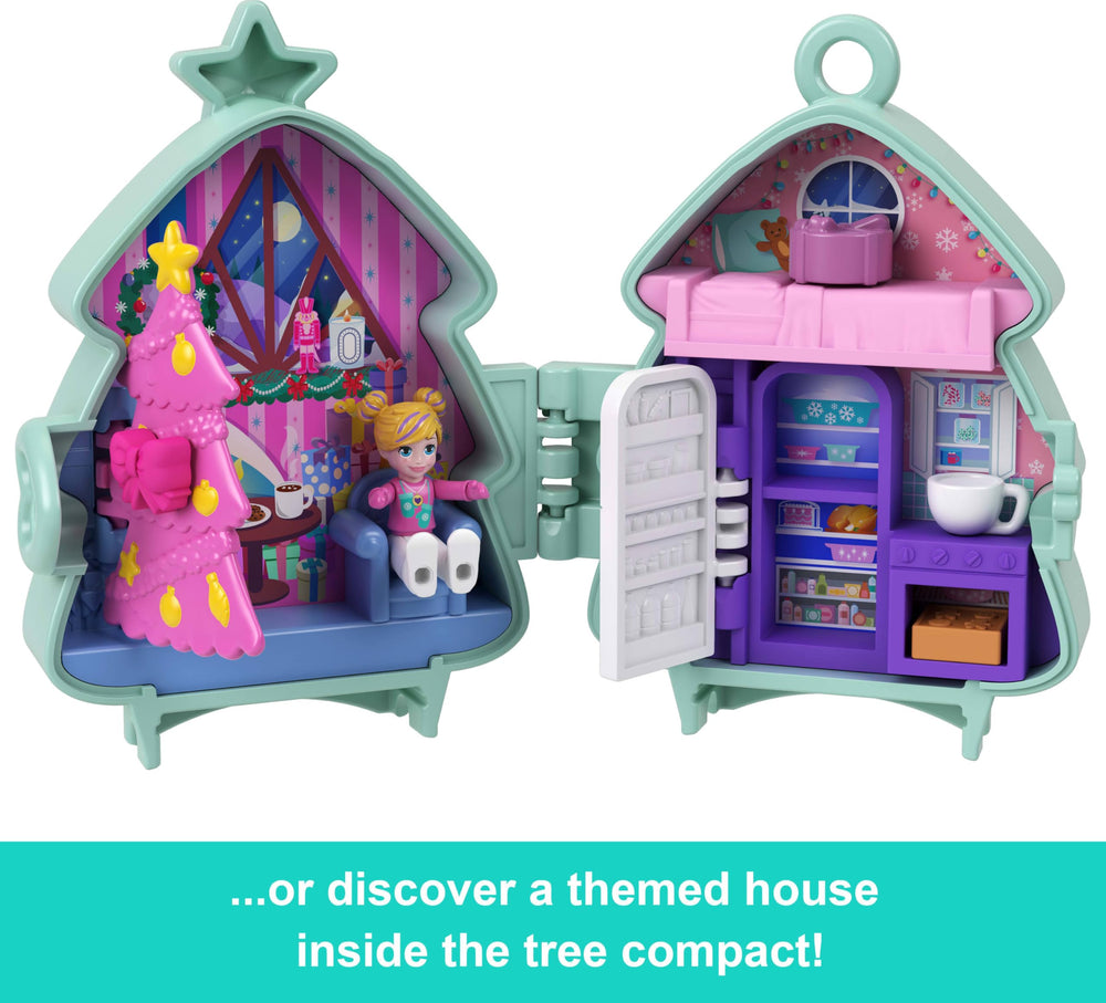 Polly Pocket Holiday Connects inside tree playhouse, cozy living spaces revealed.