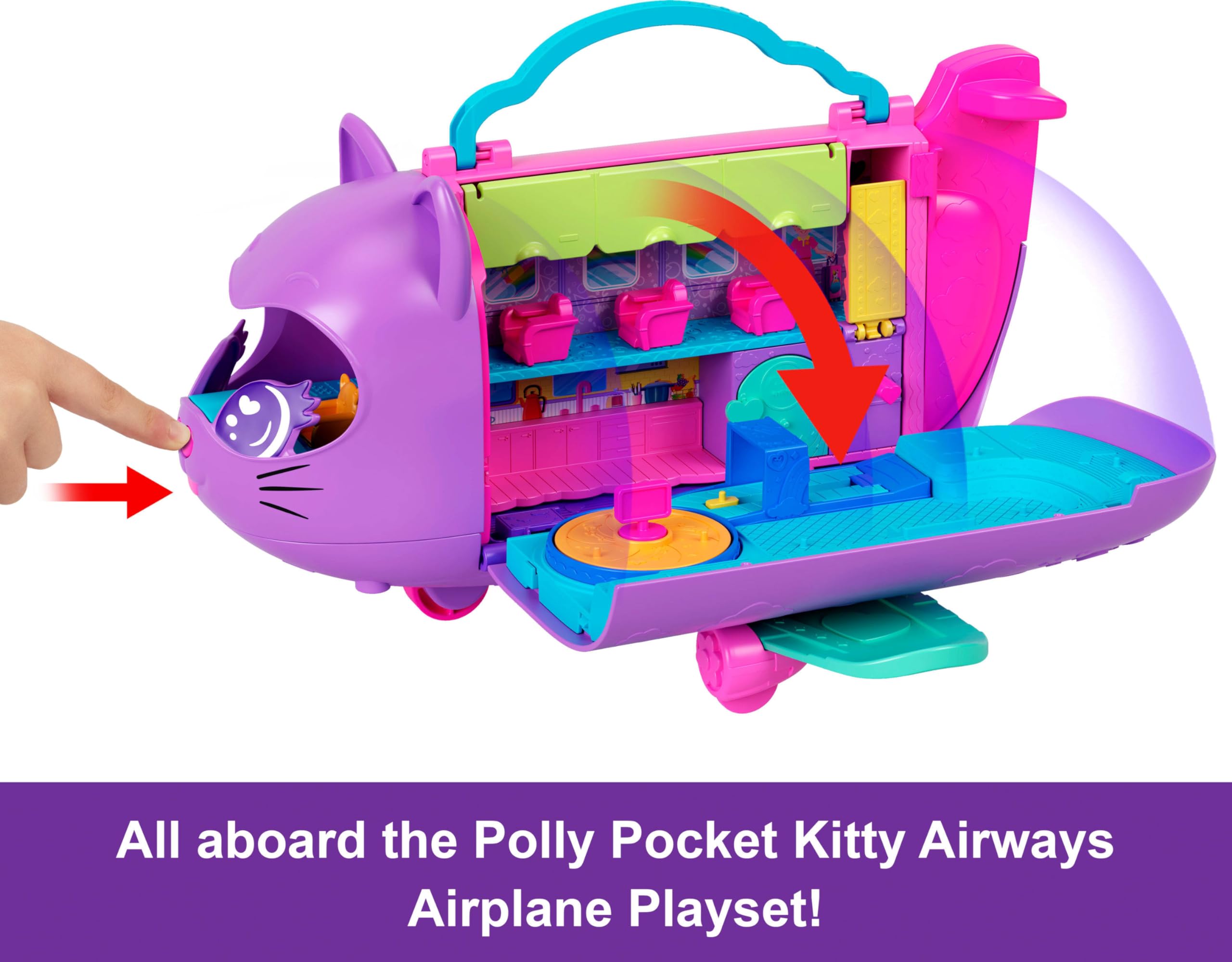 Polly Pocket Kitty Airways multi-level aircraft expands pretend travel worlds with interior details.
