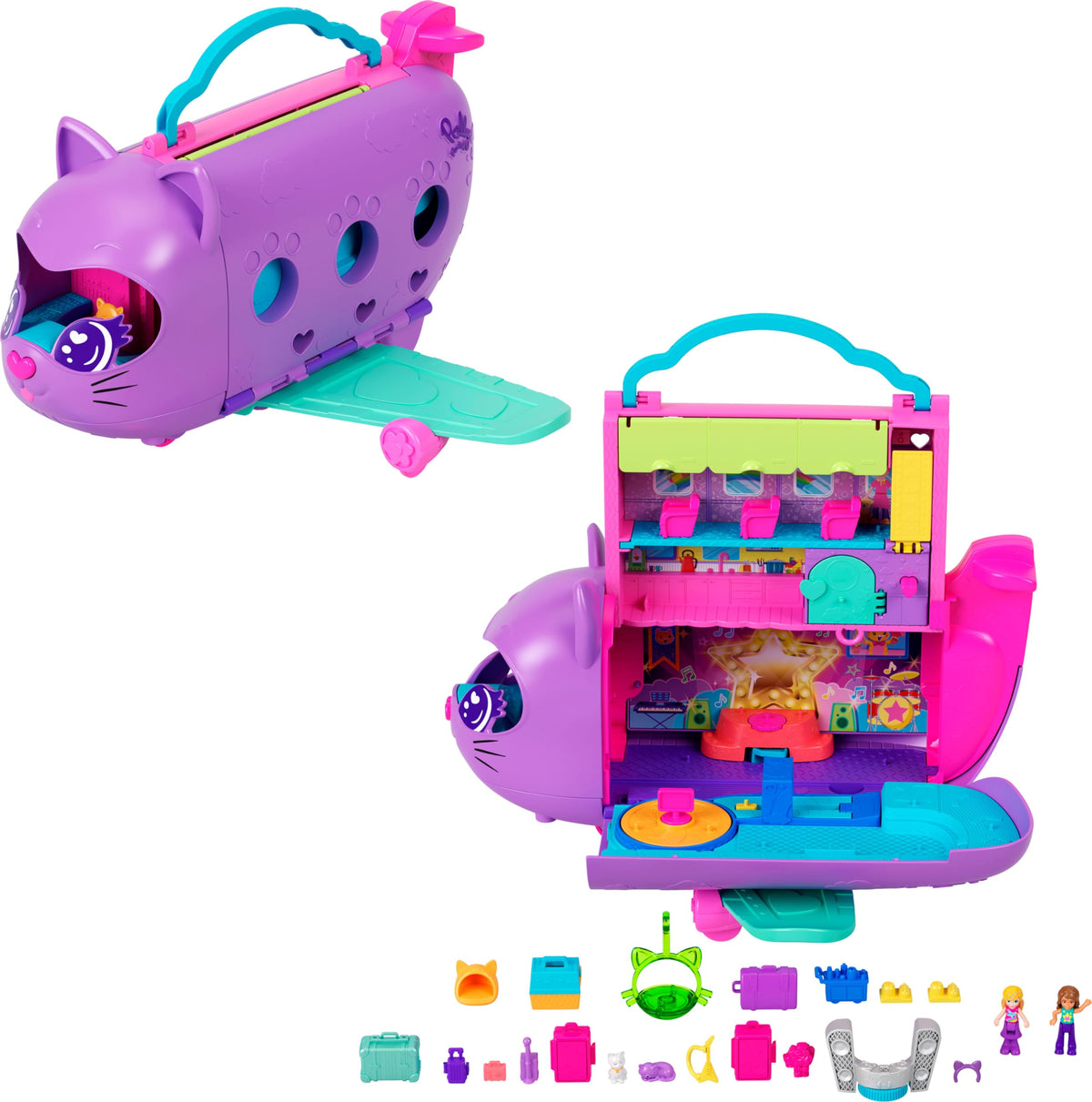 Polly Pocket Kitty Airways exterior plane opens to inspire imaginative travel play.