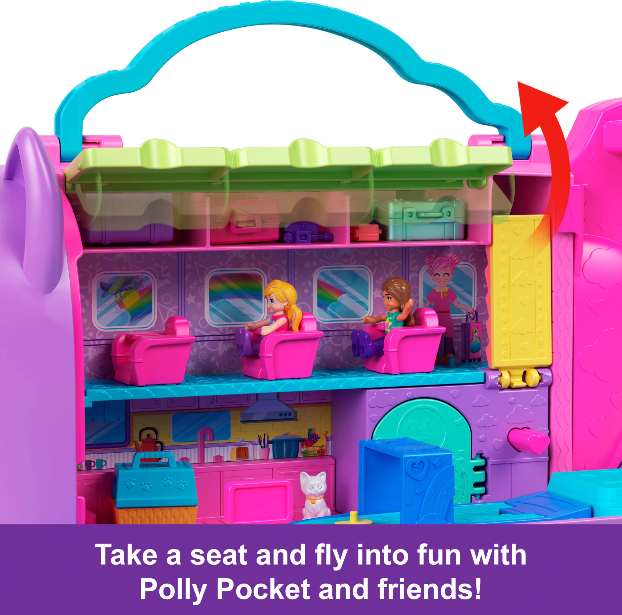 Polly Pocket Kitty Airways stage rotation lets mini performers shine during in-flight entertainment.