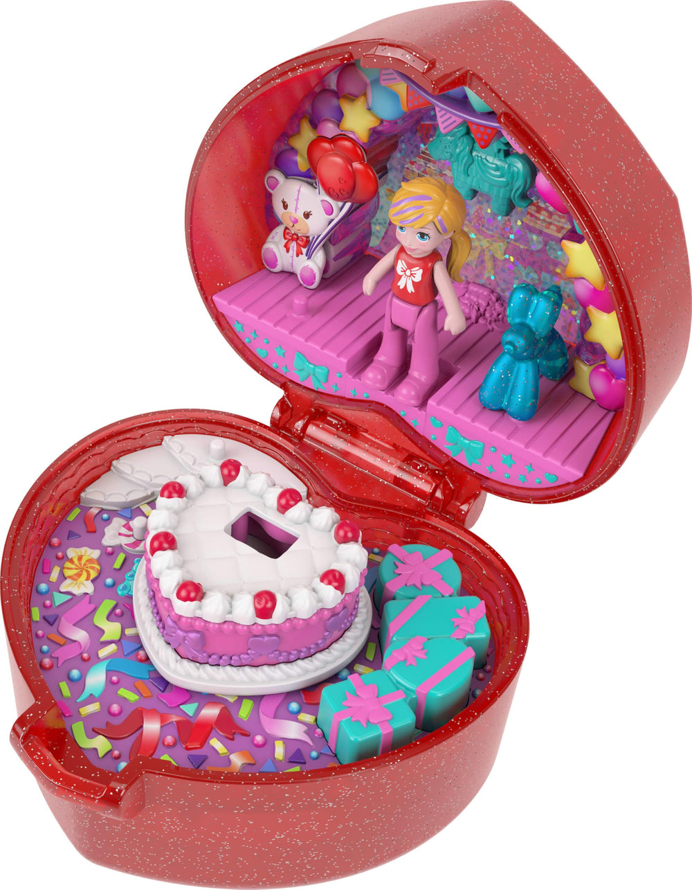 Polly Pocket Mattel 80th Anniversary compact heart design showcases celebration-ready style for imaginative play.