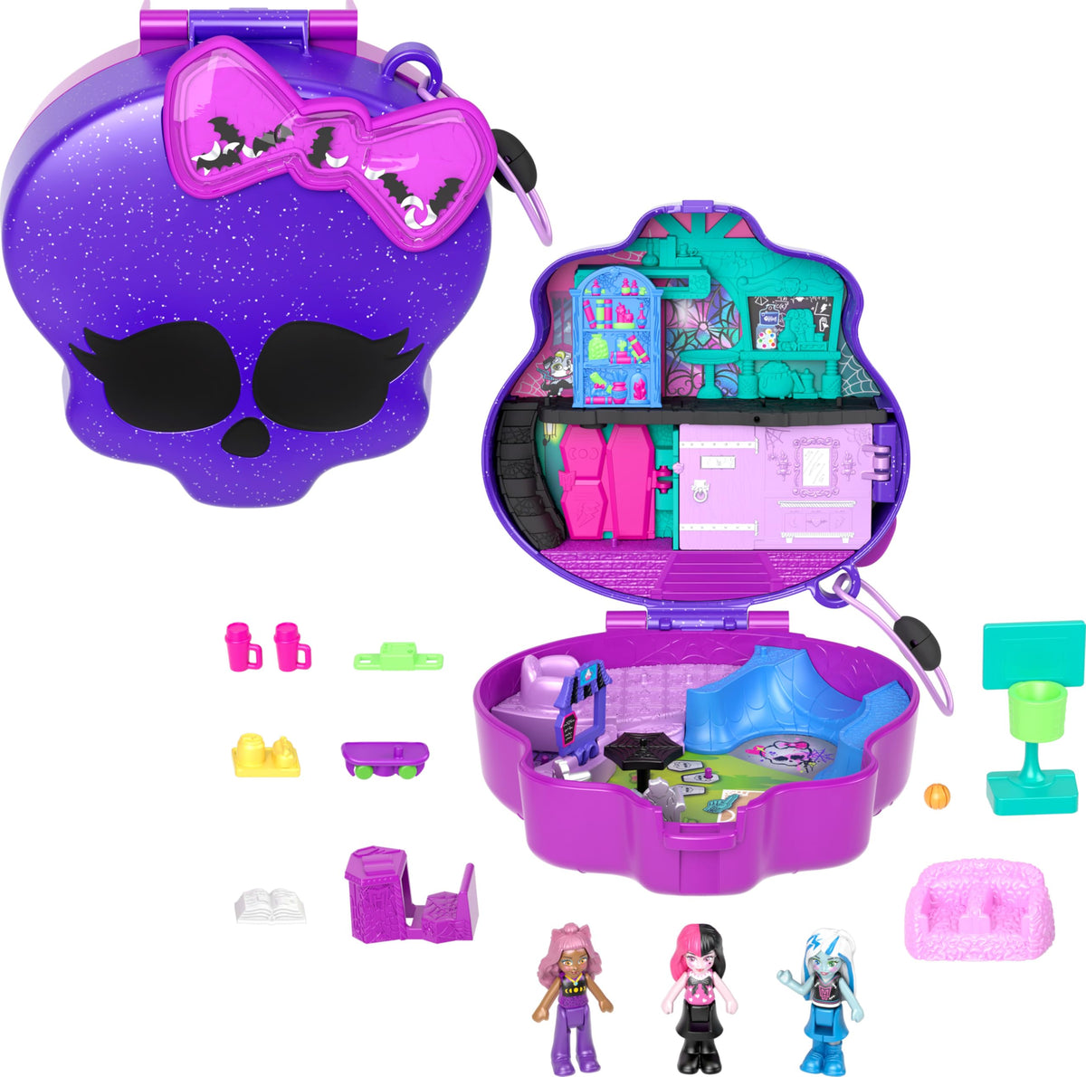 Polly Pocket Monster High playset with 3 micro dolls and 10 accessories for imaginative play.