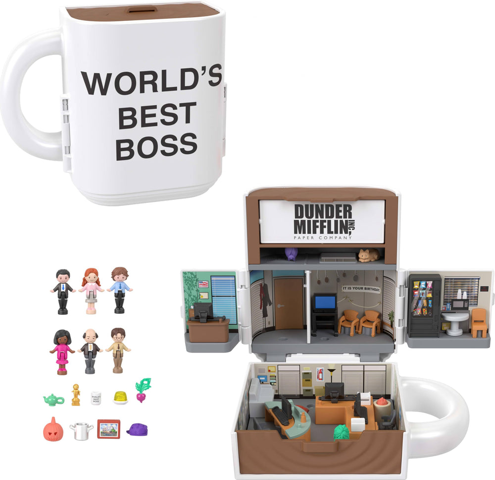 Polly Pocket x The Office coffee mug exterior opens to reveal micro dolls for display and play.