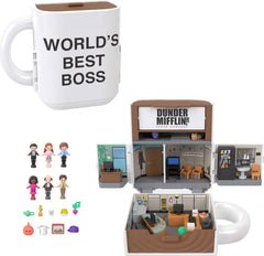 Polly Pocket x The Office coffee mug exterior opens to reveal micro dolls for display and play.