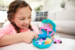 Polly and Lila dolls ride the Pamperin Perfume Spa golf cart for spa treatments