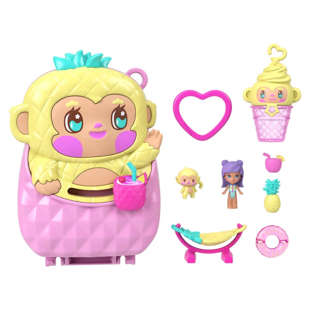 Polly Pocket Pineapple Monkey Compact drink-slider feature for pretend pool play.